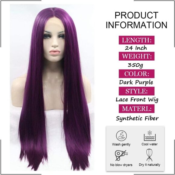 Women Wig Long Silky Straight Bright Purple Free Part Wig for  daily use trendy - Picture 3 of 7